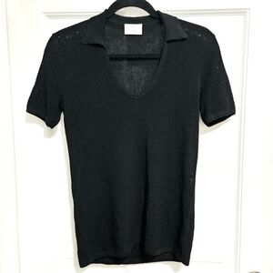 Aritzia Wilfred Black Collared Shirt Open Neck Woven Knit Blouse